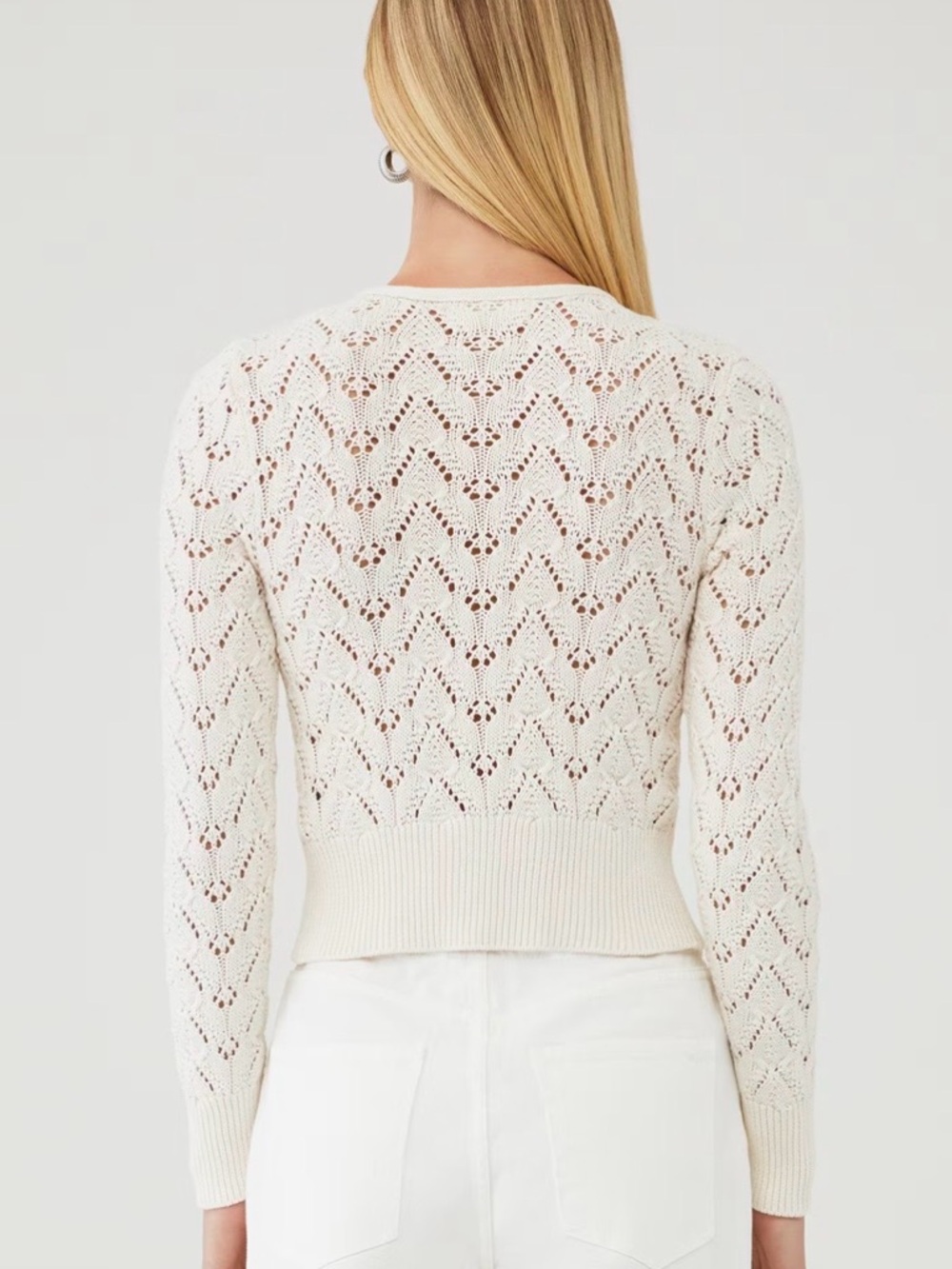 Free People Cream Open-Knit Cropped Button Cardigan - Picture 2 of 9